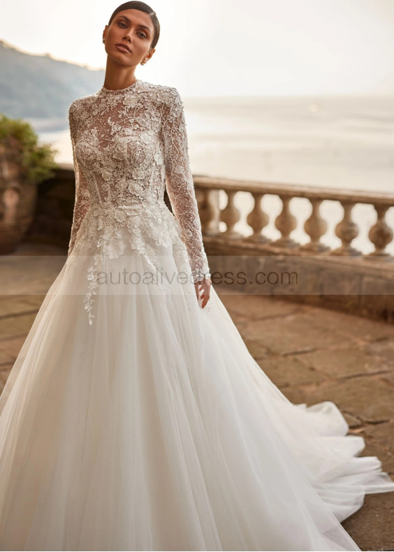 Long Sleeves Beaded Ivory Lace Tulle Floral Garden Wedding Dress